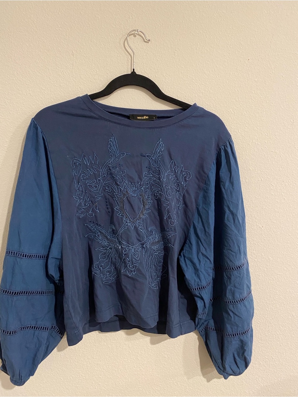 VeroAllie  Indigo Embroidered Balloon-Sleeve Top